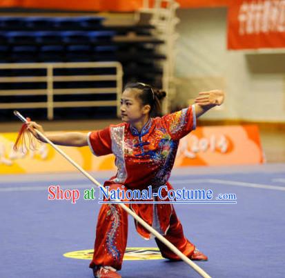 Top Wushu Long Pole Competition Suits Southern Fist Tourament Qigong Kung Fu Training Karate Clothes Shaolin Outfit Martial Arts Uniform for Men Women Girls Boys Kids Adults