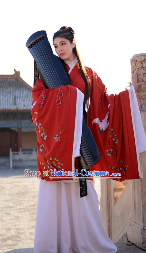 Ancient Chinese Han Dynasty Princess Queen Embroidered Cranes Clothes Garment Complete Set