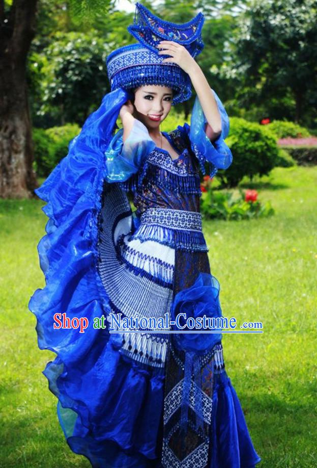 Traditional Chinese Miao Tribe Clothing Suits Garment Outfits and Hat Complete Set for Women or Girls