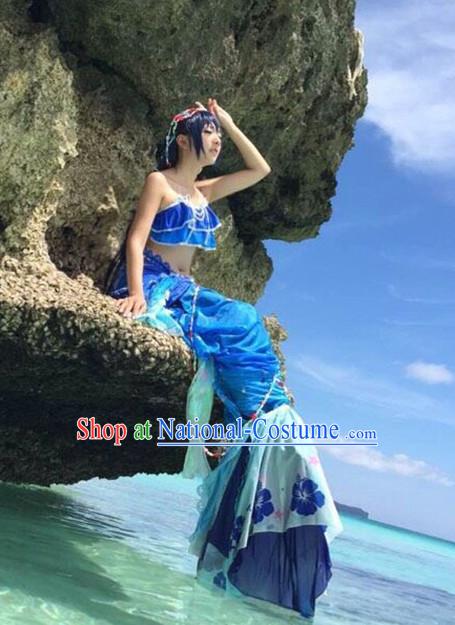 Chinese Mermaid Costume Ancient Chinese Costumes Japanese Korean Asian Fashion Cosplay Suits Outfits Garment Dress Clothes and Hair Jewelry for Women