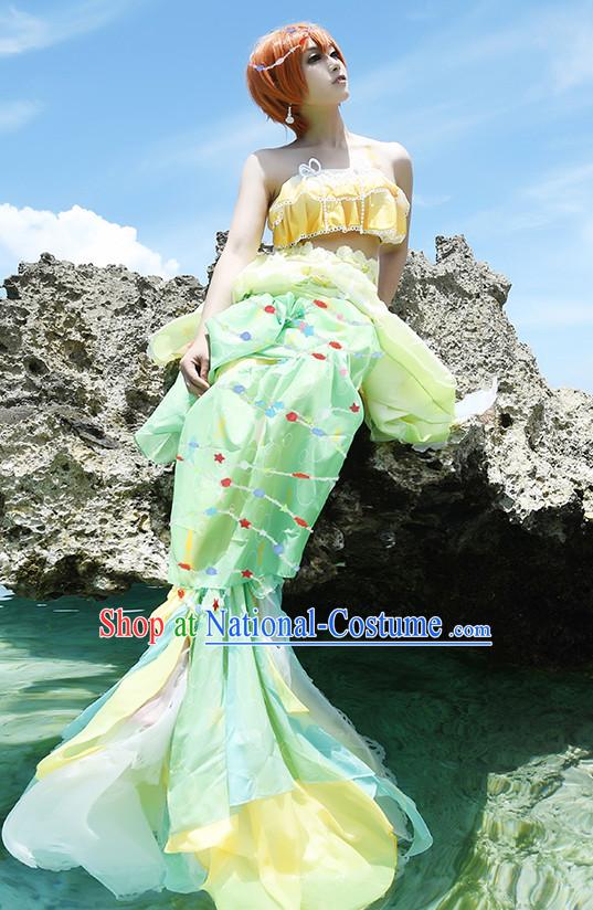 Chinese Mermaid Costume Ancient Chinese Costumes Japanese Korean Asian Fashion Cosplay Suits Outfits Garment Dress Clothes and Hair Jewelry for Women