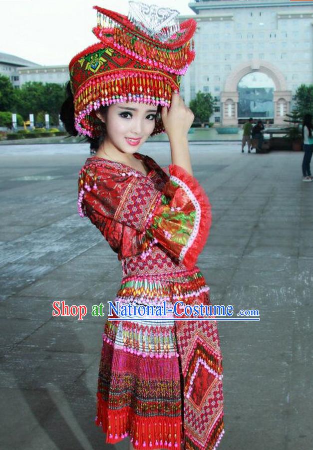 Traditional Chinese Miao Tribe Clothing Suits Garment Outfits and Hat Complete Set for Women or Girls