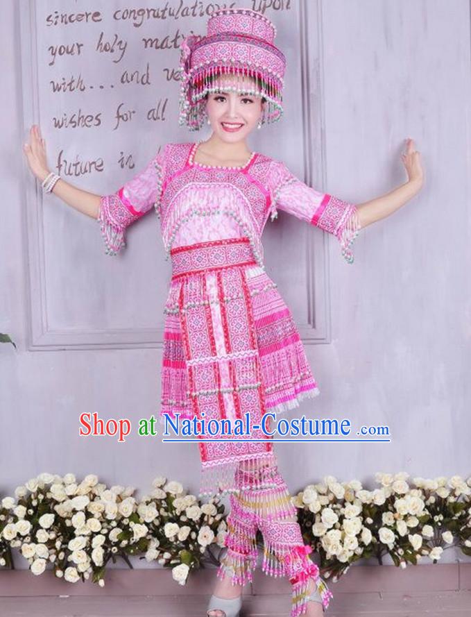 Traditional Chinese Miao Tribe Clothing Suits Garment Outfits and Hat Complete Set for Women or Girls