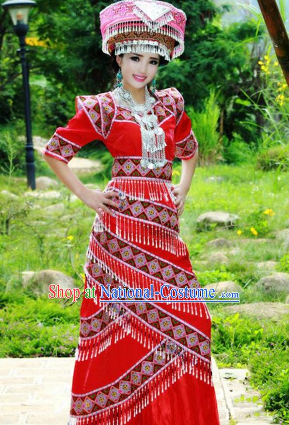 Traditional Chinese Miao Tribe Clothing Suits Garment Outfits and Hat Complete Set for Women or Girls