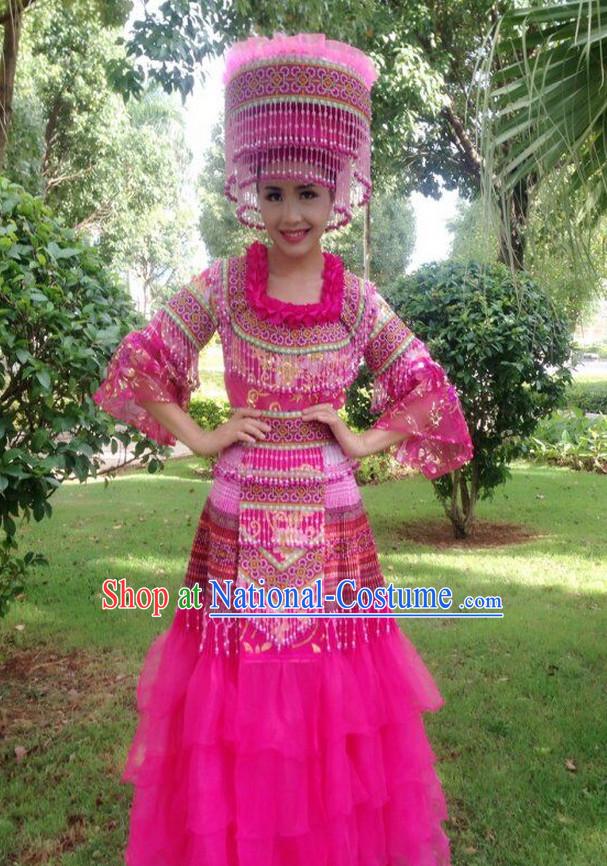 Traditional Chinese Miao Tribe Clothing Suits Garment Outfits and Hat Complete Set for Women or Girls