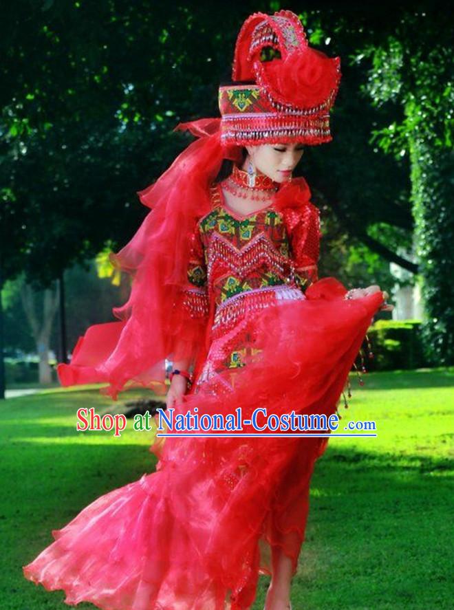 Traditional Chinese Miao Tribe Clothing Suits Garment Outfits and Hat Complete Set for Women or Girls