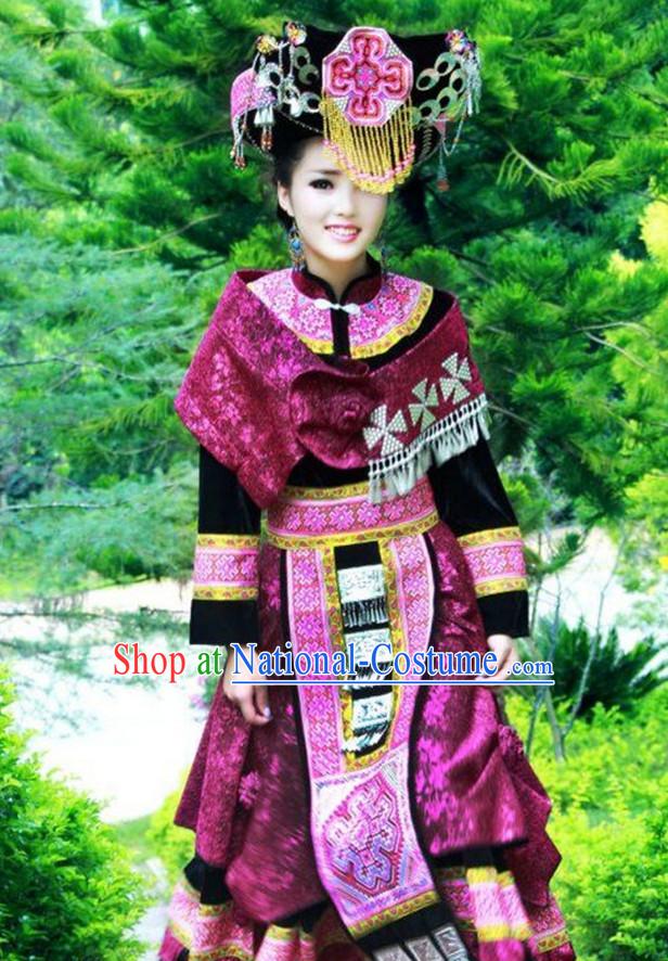 Traditional Chinese Miao Tribe Clothing Suits Garment Outfits and Hat Complete Set for Women or Girls