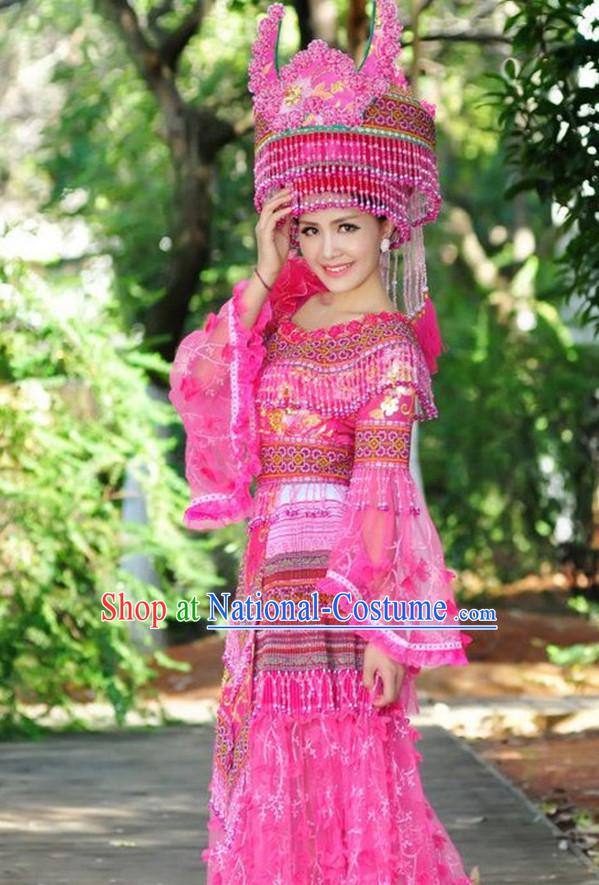 Traditional Chinese Miao Tribe Clothing Suits Garment Outfits and Hat Complete Set for Women or Girls