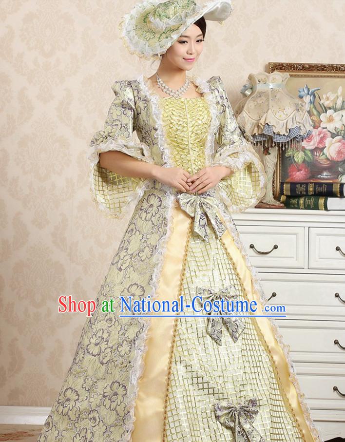 Traditional European English Royal Princess Clothing British National Costumes and Headwear Complete Set for Women and Girls