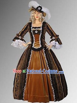 Ancient English British Medieval Costumes Baroque Wedding Dresses and Hat Complete Set for Women Girls Adults Kids