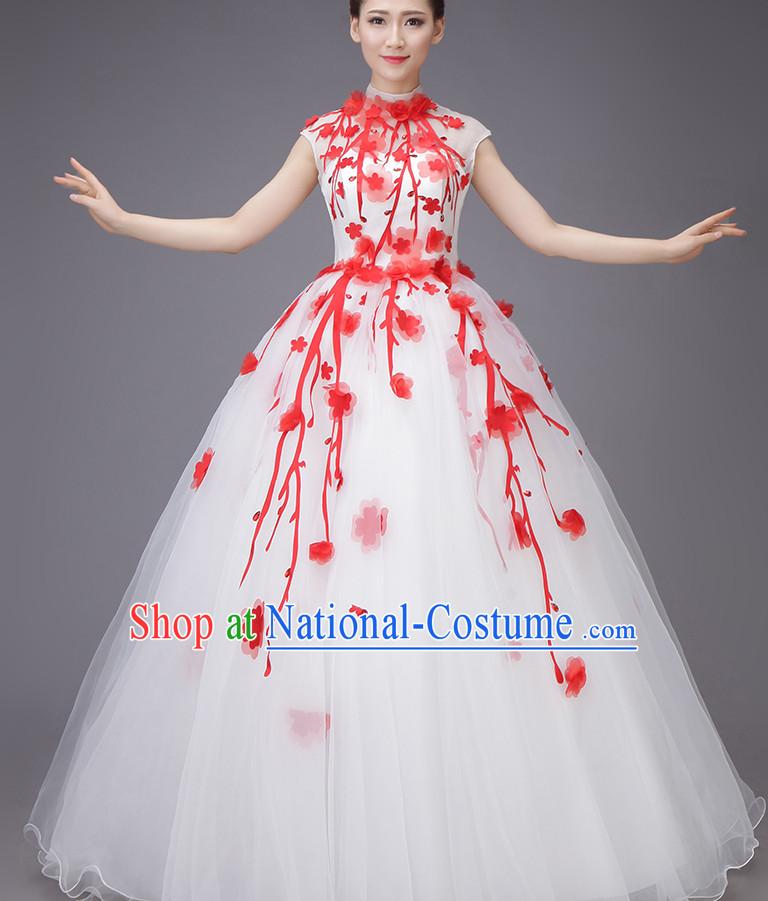 Chinese Plum Blossom Long Evening Dress Opening Dance Festival Parade Costumes and Hair Accessories Complete Set