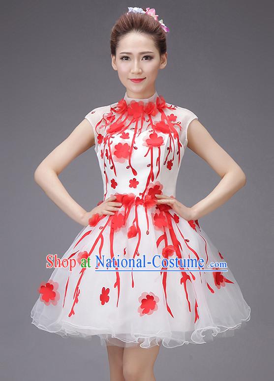 Chinese New Year Short Evening Dress Opening Dance Festival Parade Costumes and Hair Accessories Complete Set