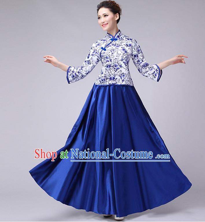 Blue Chinese Minguo Style Musician Uniform Singing Choir Outfits Dancing Costume Stage Opening Dance Costume Parade Dancewear Complete Set