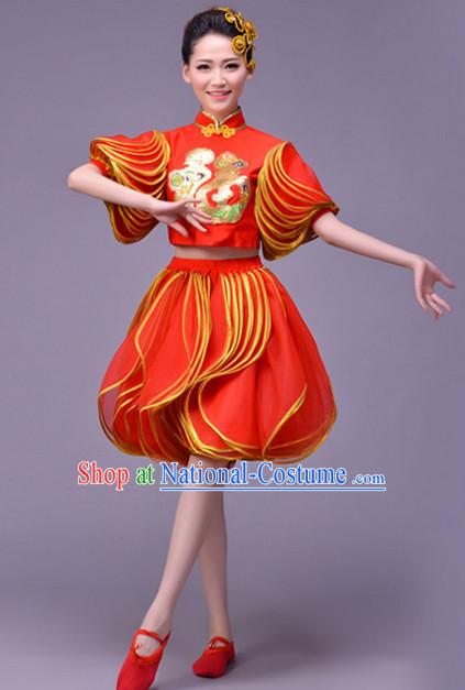 Asian Chinese Lantern Dancing Costume Fan Dancing Costume Uniform Outfits Stage Opening Dance Costumes Parade Competition Dancewear Complete Set