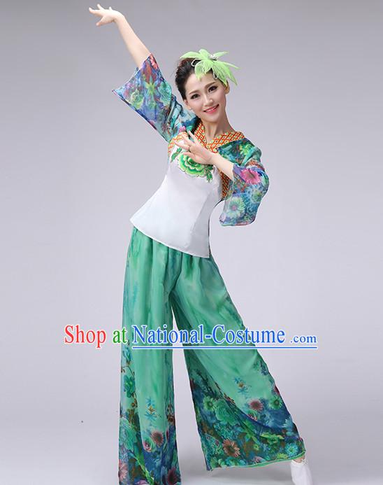 Asian Chinese Folk Dance Costume Fan Dancing Costume Uniform Outfits Stage Opening Dance Costumes Parade Competition Dancewear Complete Set