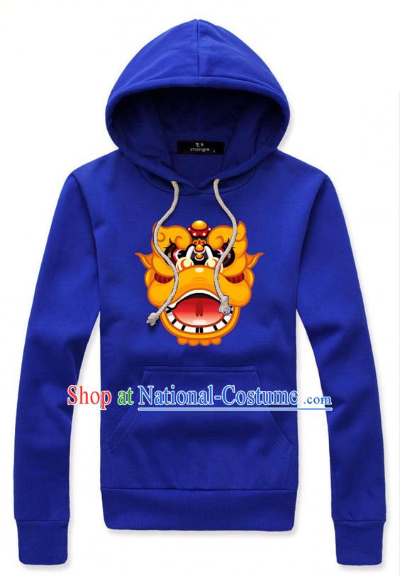 Special Design Blue Lion Dancer Dragon Dancer Hoodie Uniform Costumes Dance Costume Outfits and Head Bands Complete Set for Men or Women