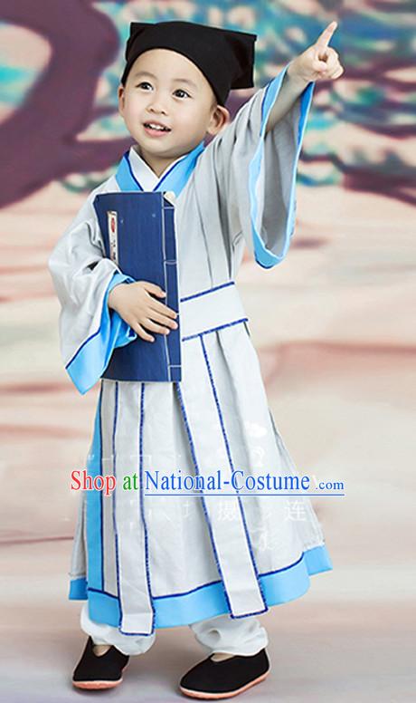 Chinese Ancient Student Costumes and Hat Complete Set for Kids