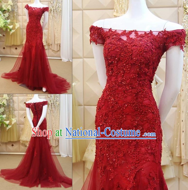 Amazing Chinese Lucky Red Sexy Boat Neck Wedding Evening Dress for Brides