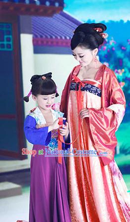 Ancient Chinese Tang Dynasty Dress and Headwear for Women and Kids