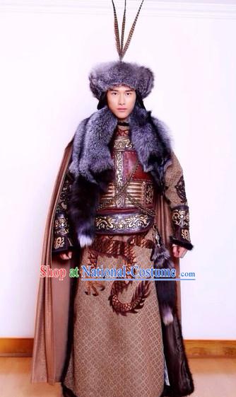 Ancient Chinese National Minority Mongolian Khan Costumes and Hat Complete Set