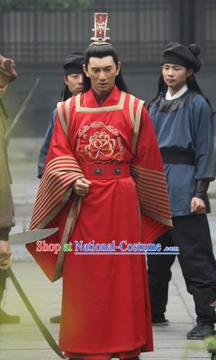 Ancient Red Chinese Wedding Bridal Bridegroom Clothing and Helmet Complete Set for Men