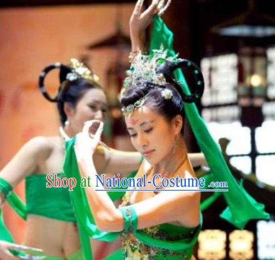 Chinese Green Classical Dance Costumes and Hair Accessories