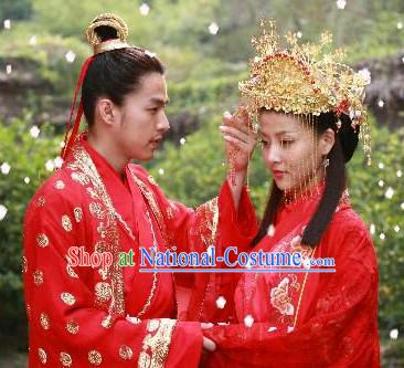 Chinese Classic Red Wedding Suits Men and Women 2 Complete Sets