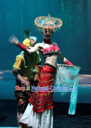 China Ethnic Dance Costumes and Hat Complete Set