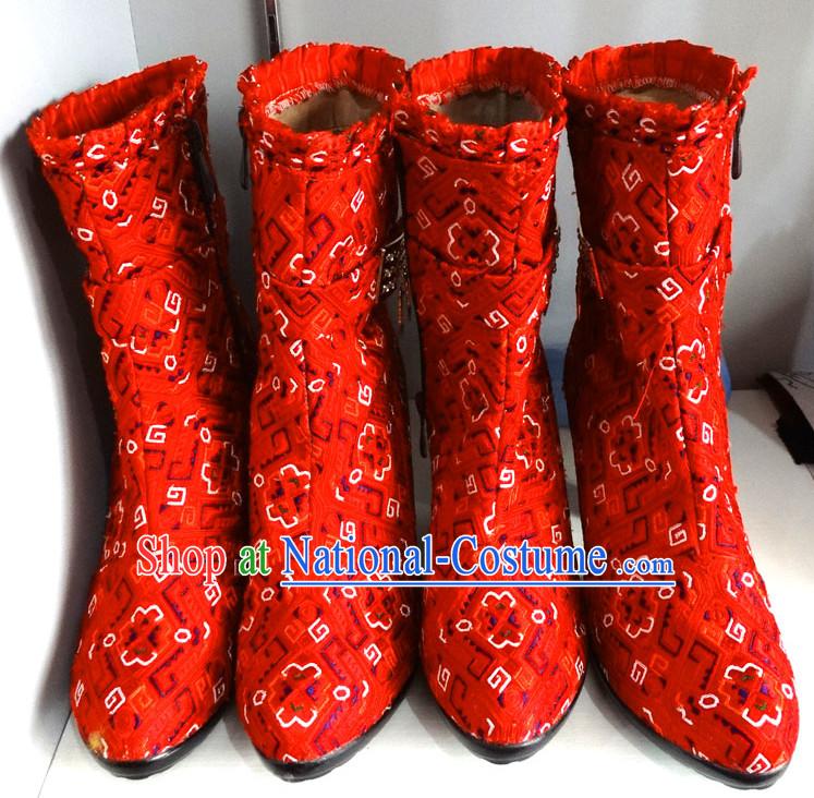 Traditional China Miao Ethnic Embroidery Red Boots for Women