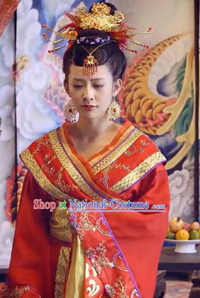 Asian China Princess Red Wedding Outfit and Phoenix Hair Jewelry for Women