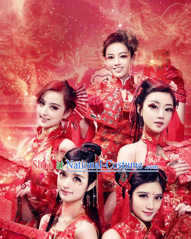 Happy New Year China Red Beauty Fairy Costumes Full Set