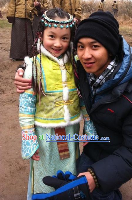 Traditional Mongolian Long Robe and Headwear for Girls