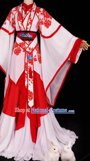 White and Red Asian Princess Dresses and Hair Accessories Complete Set