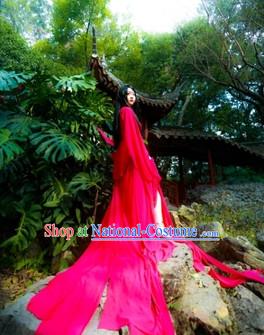 Long Tail Red Hanfu Cosplay Costumes Complete Set