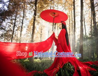 Asian Red Fairy Costumes Complete Set with Long Trails