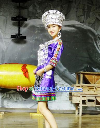 China Hmong Miao Ethnic Clothing and Silver Hat for Girls