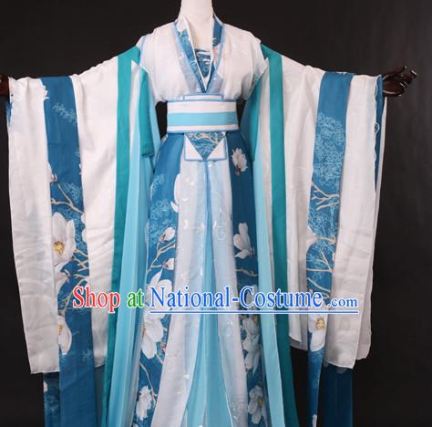 Chinese Traditional Blue White Hanfu Wide Sleeves Suit