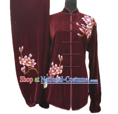 Top Dark Red Velvet Spring Autumn Winter Wear Kung Fu Clothing Complete Set