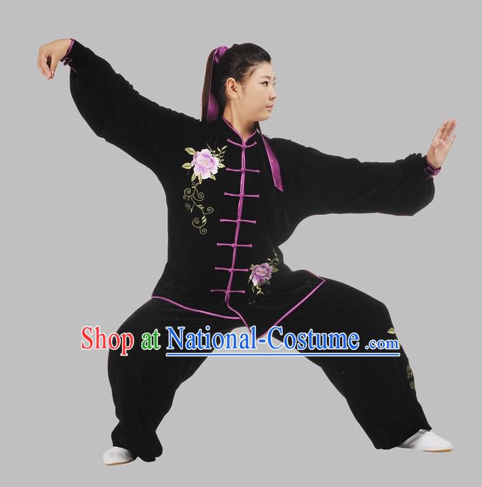 Black Velvet Embroidery Kung Fu Pants and Blouse Complete Set for Women