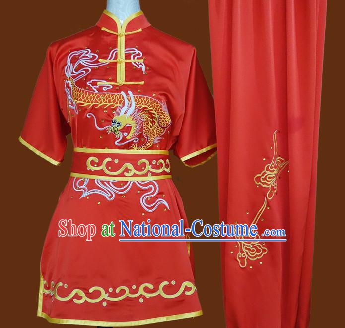 China Red Top Dragon Embroidery Martial Arts Competition Clothes Complete Set