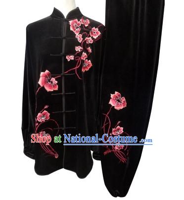 Black Velvet Embroidered Flower Kung Fu Suits Complete Set for Women