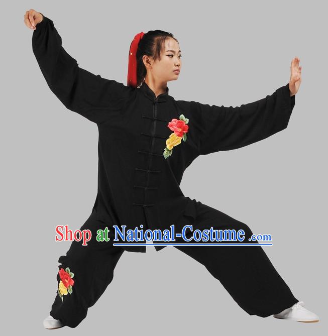 Black Velvet Embroidery Floral Kung Fu Suit Complete Set for Women