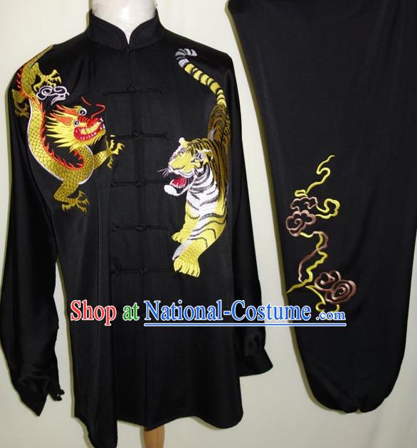 Black Dragon and Tiger Embroidery Silk Martial Arts Tai Chi Blouse Pants and Belt Complete Set