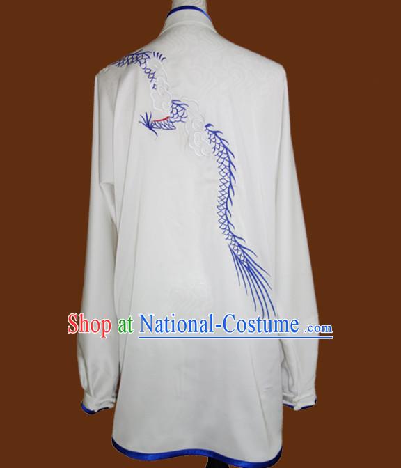 Top White Blue Dragon Embroidery Martial Arts Championship Competition Uniforms