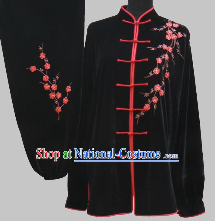 Tradtiional Black Plum Blossom Embroidery Velvet Tai Chi Chuan Competition Suit