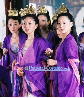 Chinese Traditonal Purple Hanfu Suit and Hair Accessories for Women