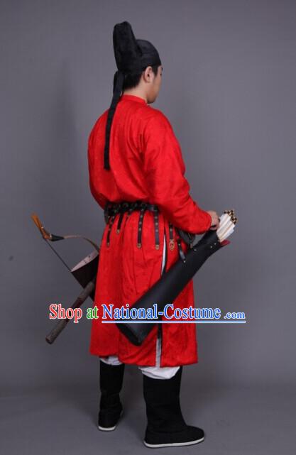 Tang Dynasty Red Long Robe and Hat for Men