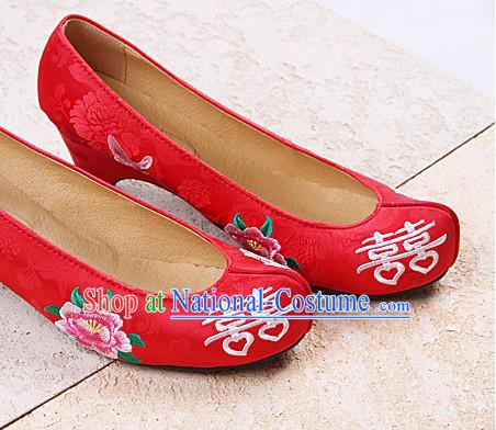 Korean Brides Wedding Bridal Red Shoes with Double Happiness Characters