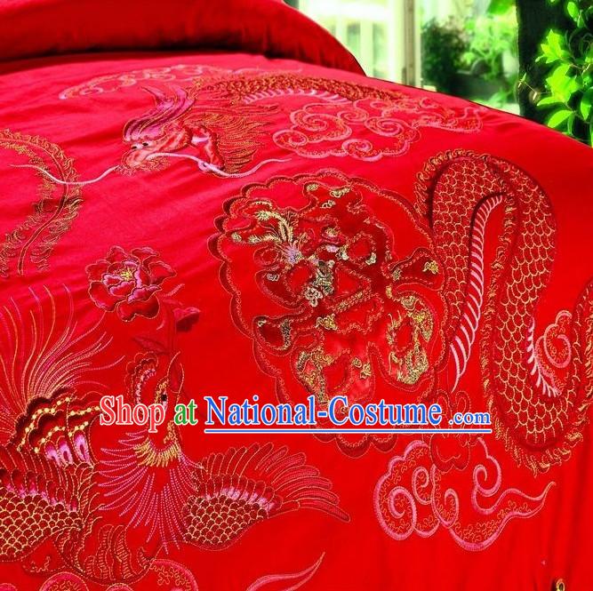 Chinese Dragon Phoenix Embroidery Bed Cover Six Pieces Set