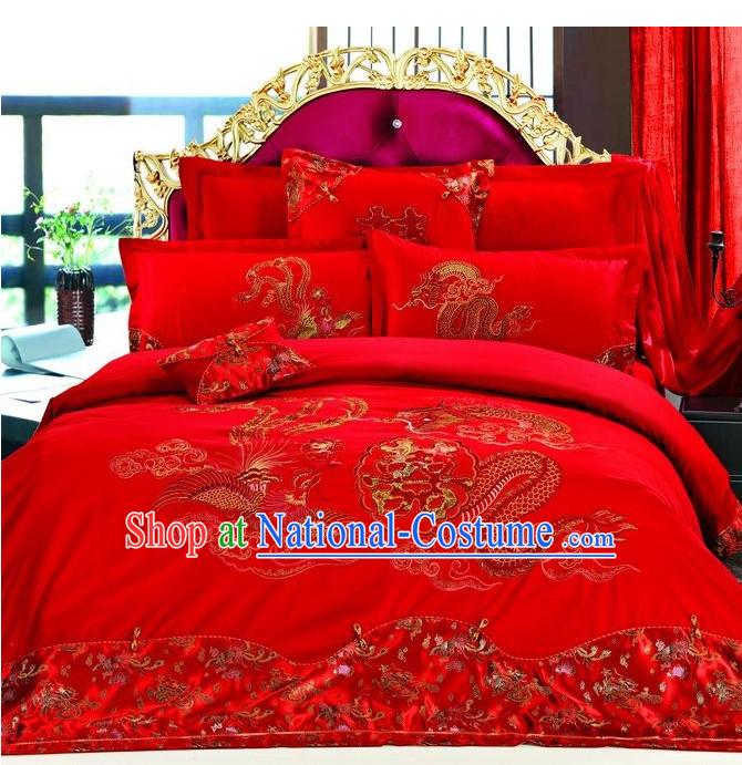 Chinese Dragon Phoenix Embroidery Bed Cover Six Pieces Set